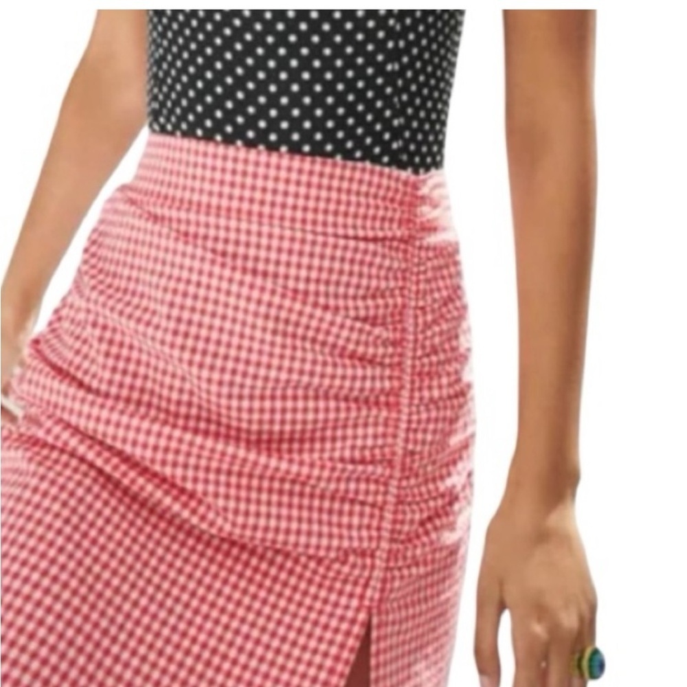 Zara Gingham High- Slit Zip Ruched Tea Length Skirt